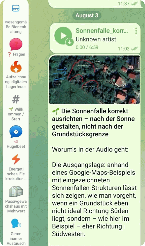 Einblick in den Praxisraum: Themenräume wie Hügelbeet,
             Passivgewächshaus und wesensgemäße Bienenhaltung,
             daneben ein Beitrag mit Sprachnachricht und Luftbild
             zur Sonnenfalle